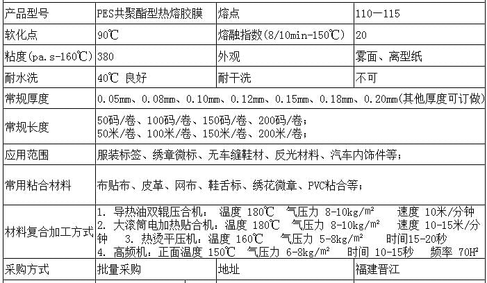 PES熱熔膠膜參數(shù)